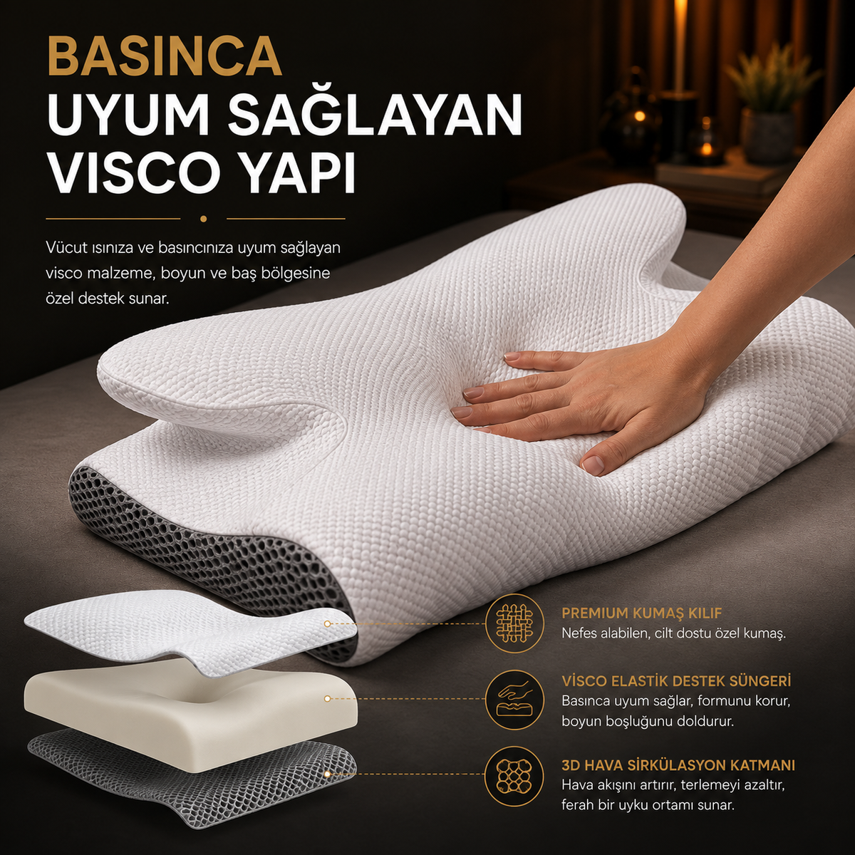 VELSORA Premium Ortopedik Visco Boyun Destek Yastığı